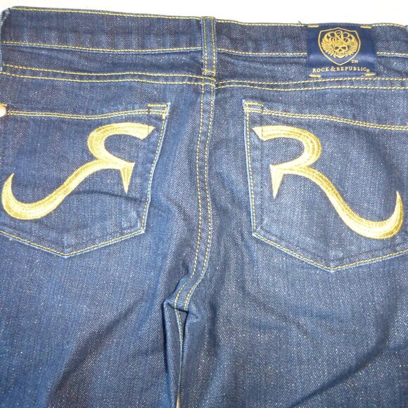 ROCK & REPUBLIC dark wash "GOLD TEASE" Kasandra bootcut jeans with gold shimmer - Picture 11 of 11